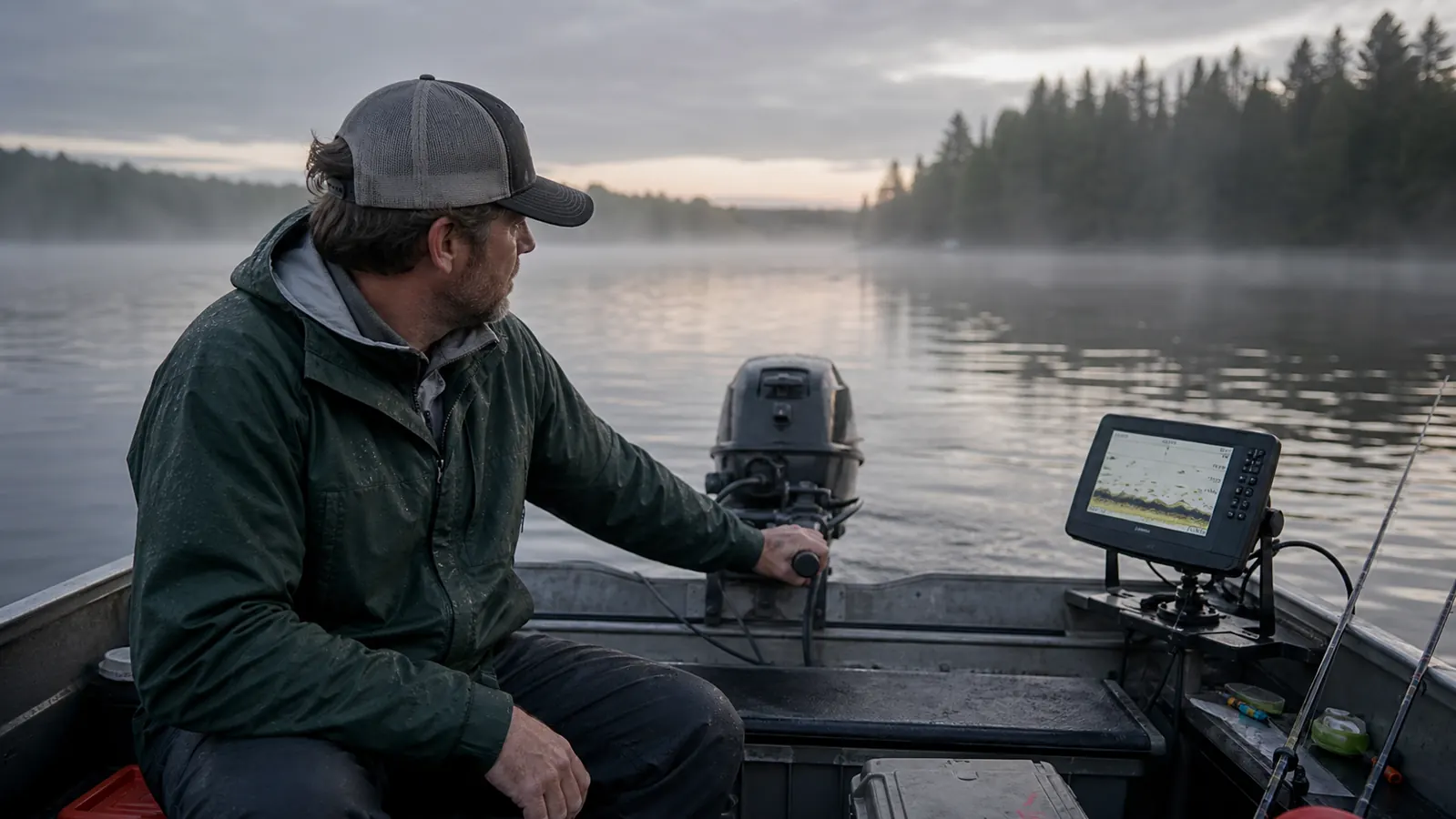 Small aluminum boat idling over a lake drop-off at sunrise with a fish finder screen glowing at the console