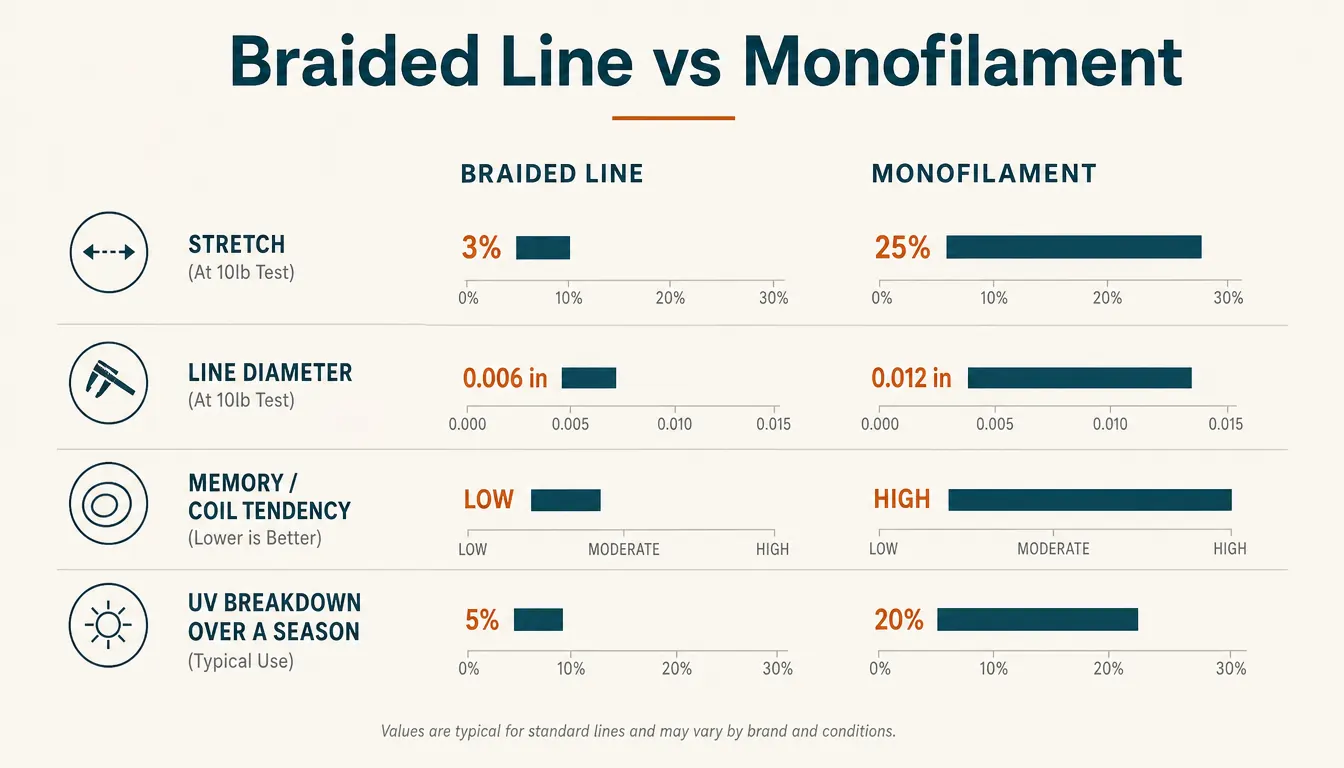 Chart comparing braided fishing line and monofilament across stretch, diameter, memory, and UV resistance