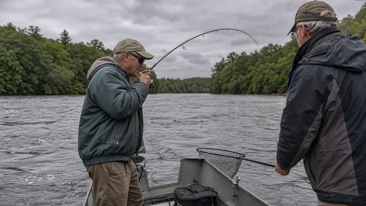 Two anglers in a small boat fighting a fish in river current with a bent rod and taut line