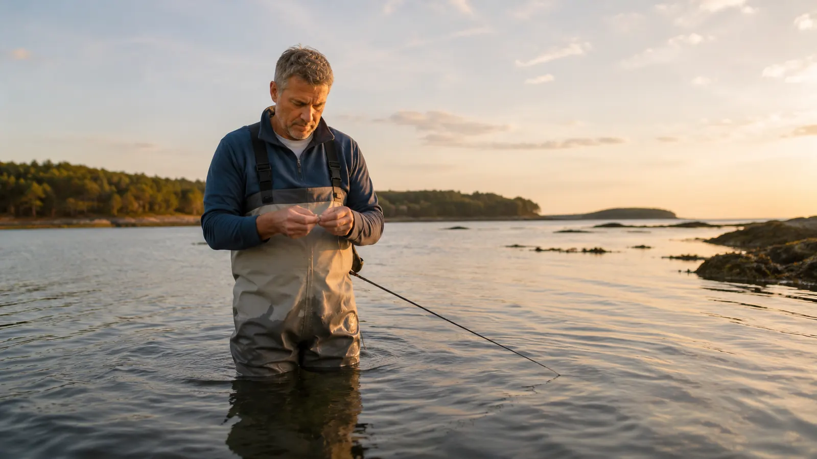 Angler wading a shallow saltwater flat at sunrise on the Maine coast in summer