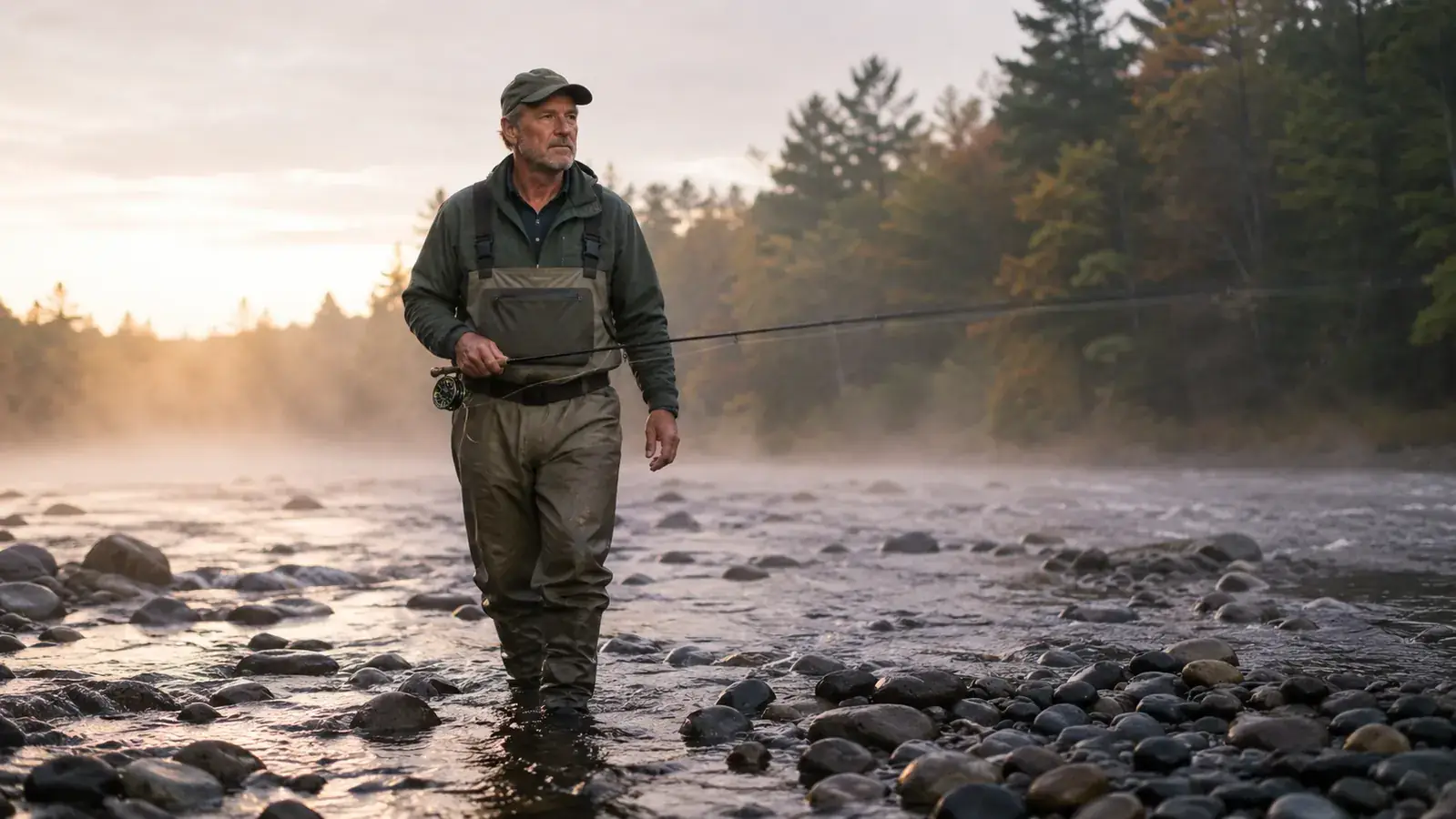 Angler in chest waders standing on a gravel bar in a New England river at first light, rod in hand