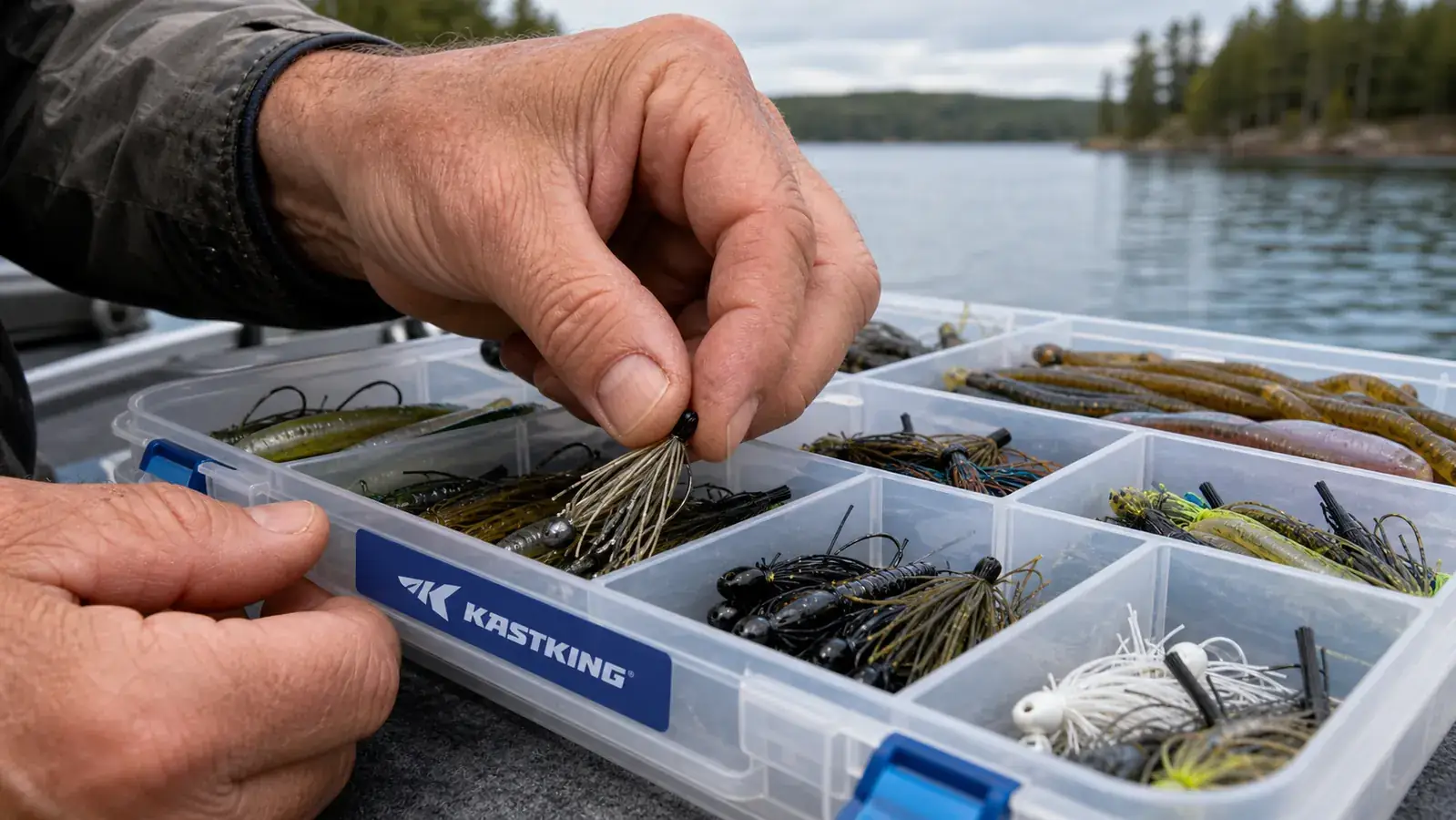 Angler's hand pulling a jig from a labeled compartment in a KastKing tackle box tray