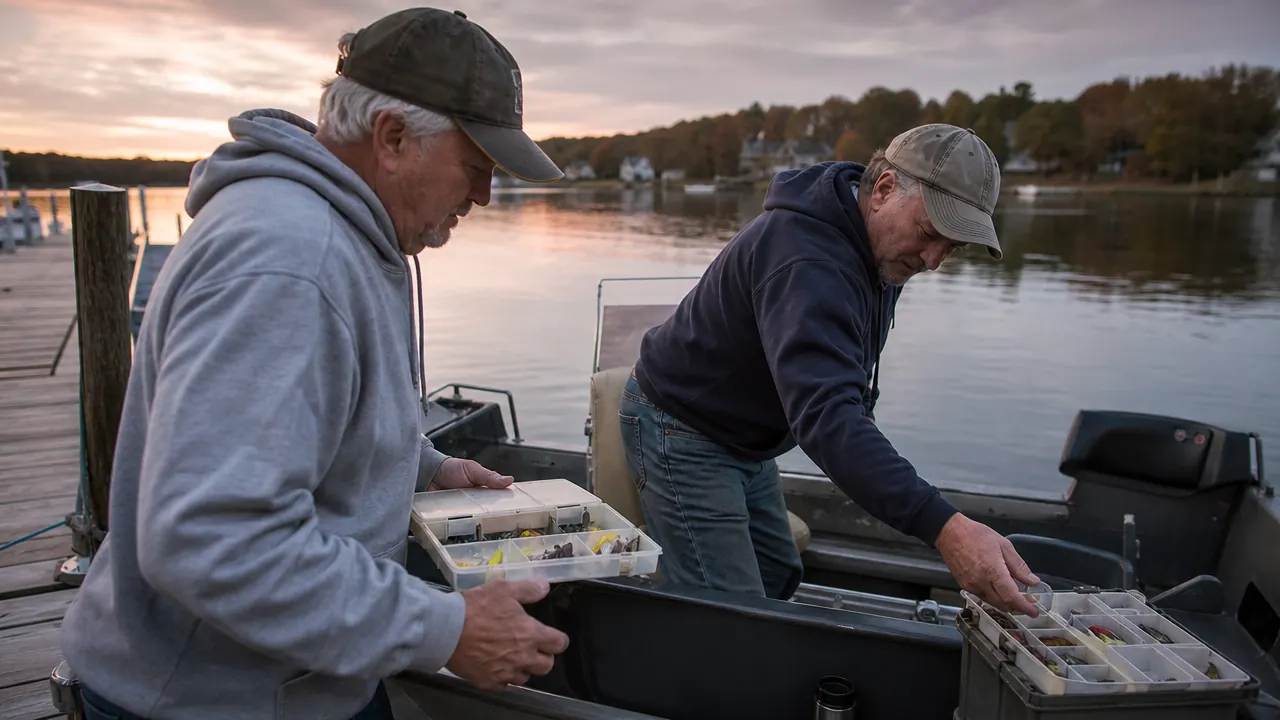 Two anglers sorting a tackle box on a dock at dusk before an early morning fishing trip