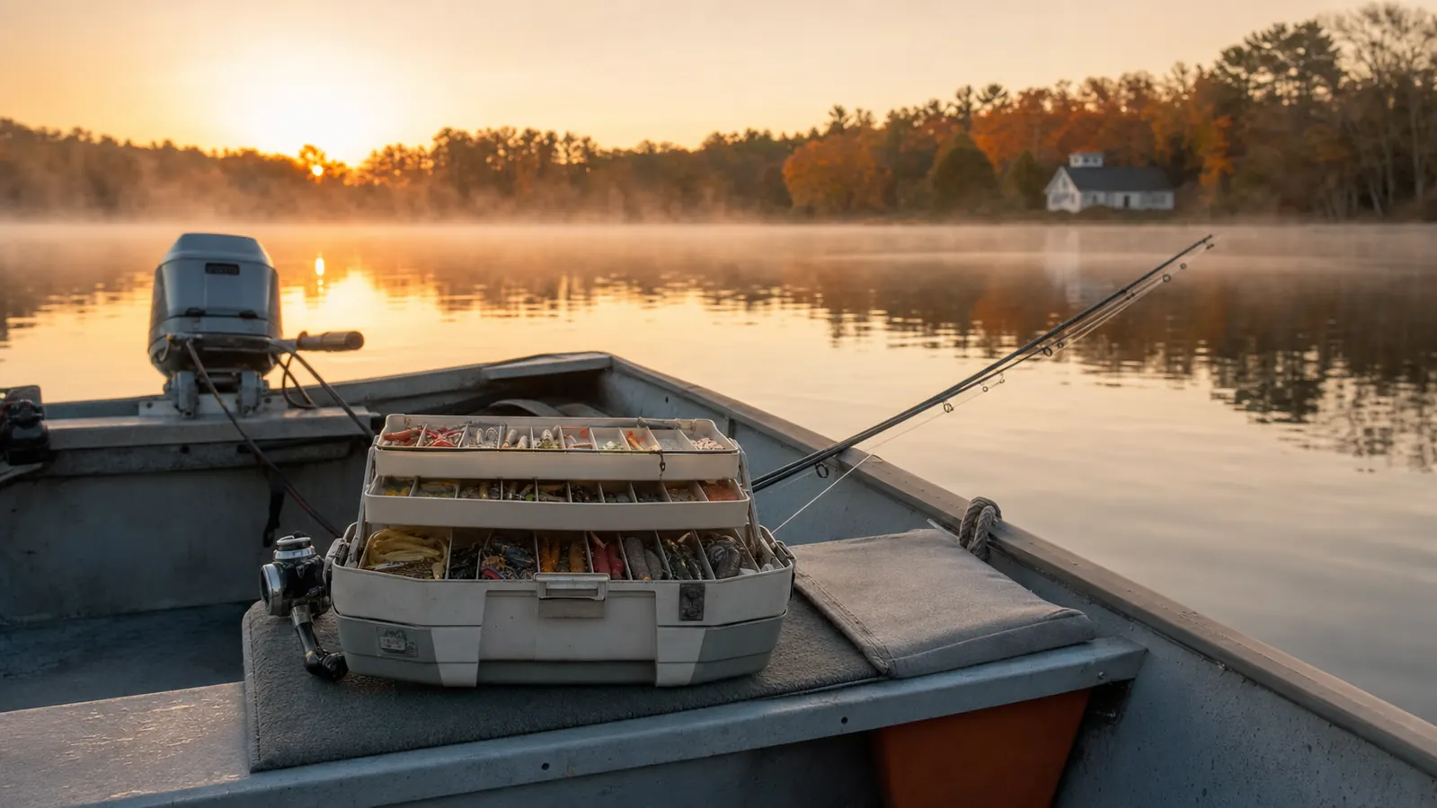 Open tackle box with organized lure trays sitting on a boat seat at sunrise on Lake Winnipesaukee