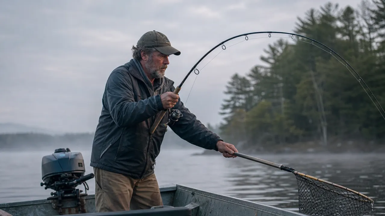 An angler in a small aluminum boat on a foggy New Hampshire lake at dawn, rod bent hard fighting a fish near the boat