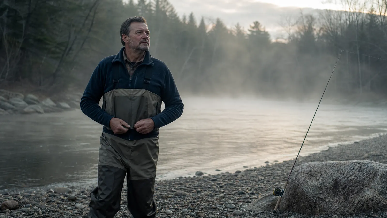 Angler standing alone on a gravel riverbank at sunrise, waders in hand, looking out at a cold spring river