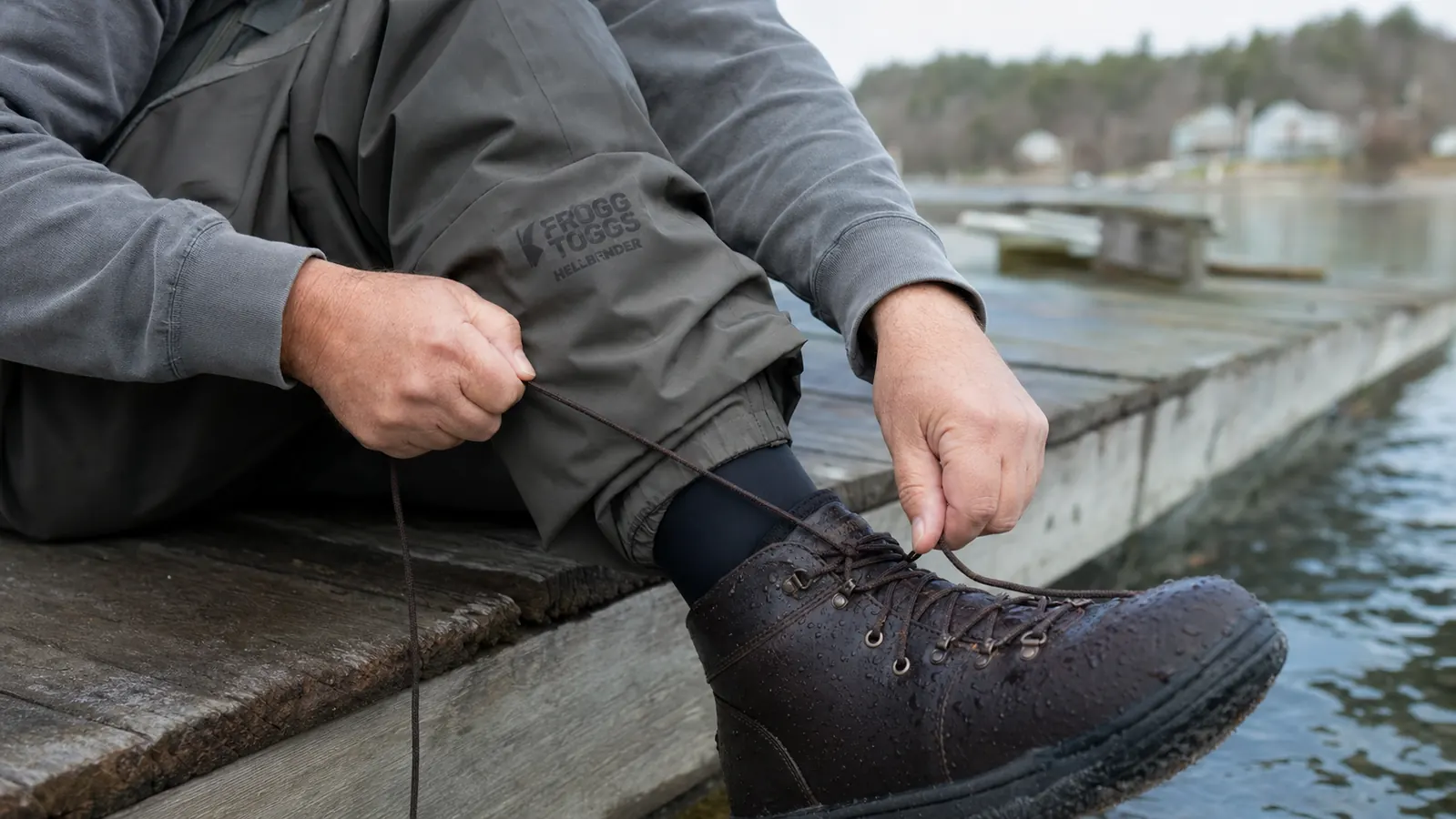 Close-up of hands lacing a wading boot over the neoprene stockingfoot of a pair of Frogg Toggs Hellbender waders on a wooden dock