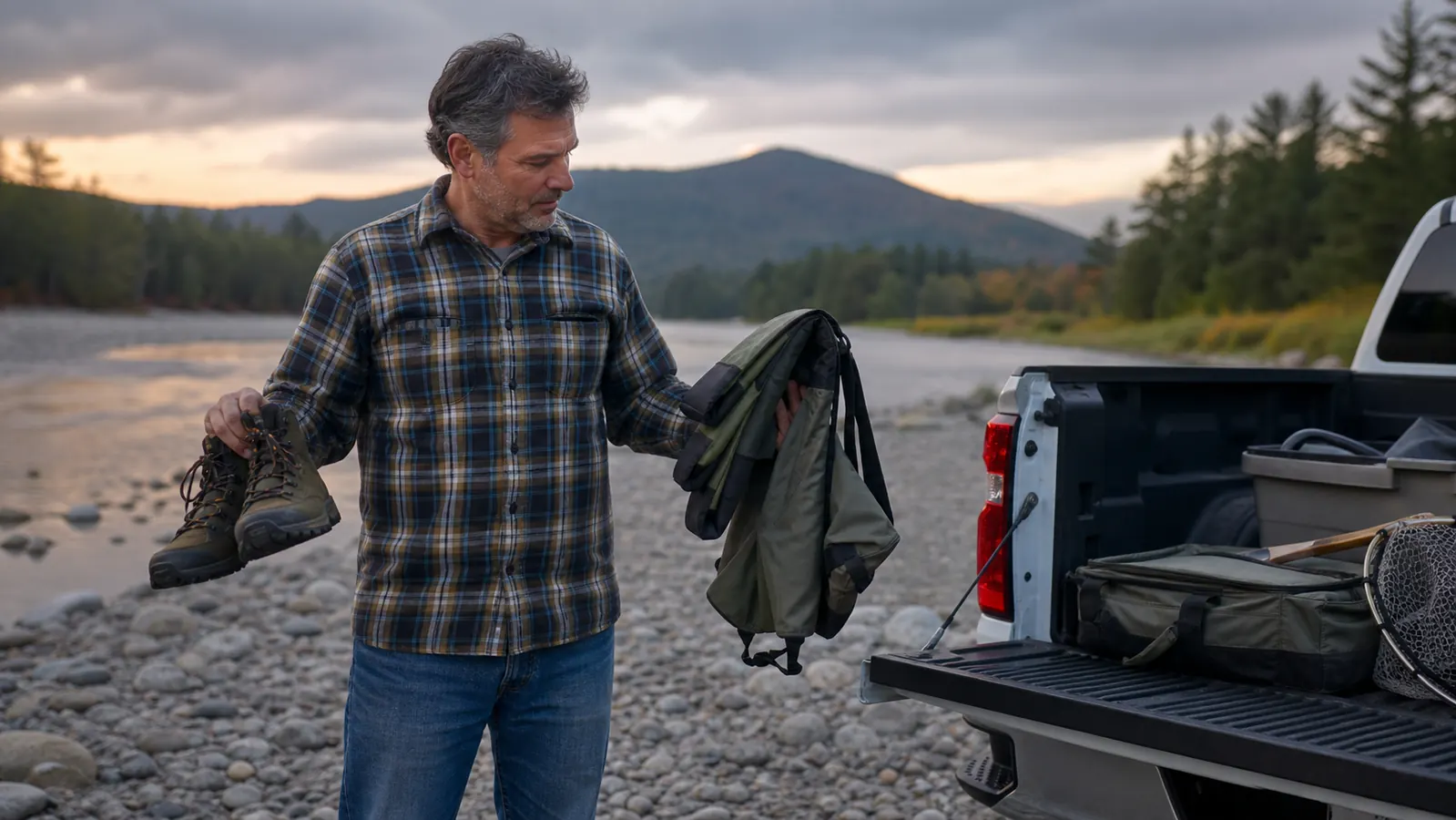 Angler standing at a truck tailgate at a gravel river access, holding a folded pair of stockingfoot waders in one hand and a separate pair of wading boots in the other