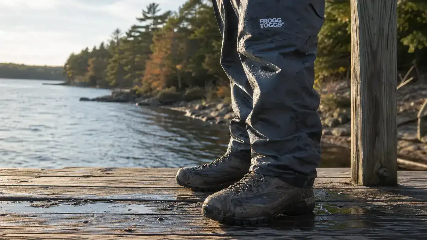 Close-up of the Frogg Toggs Hellbender stockingfoot chest waders folded over a wading boot on a dock