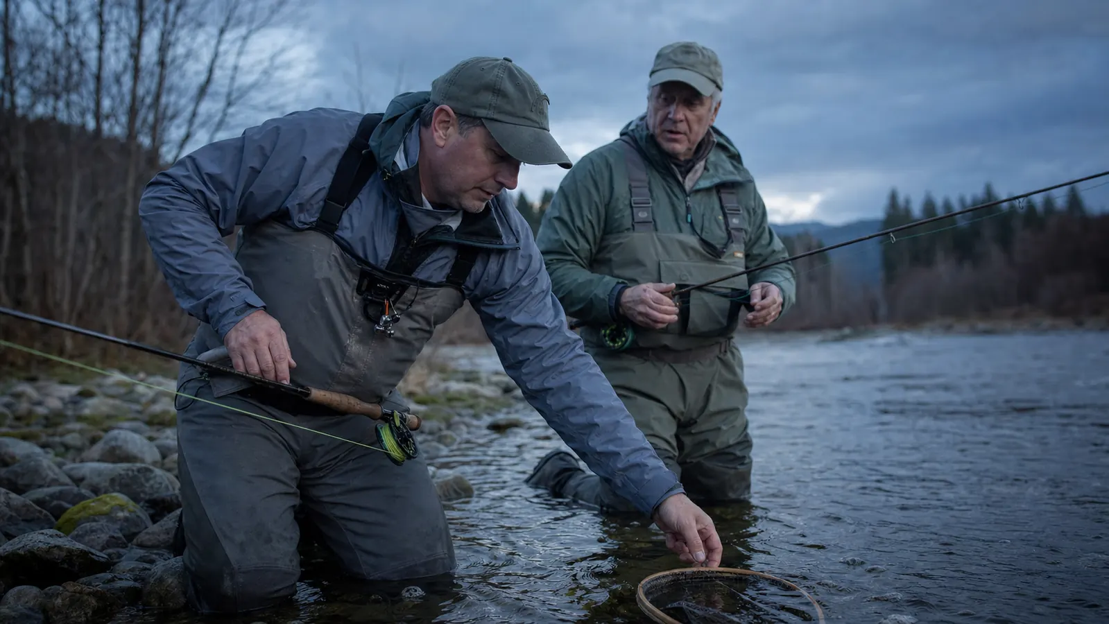Two anglers in waders standing along a riverbank at dusk, one holding a landing net
