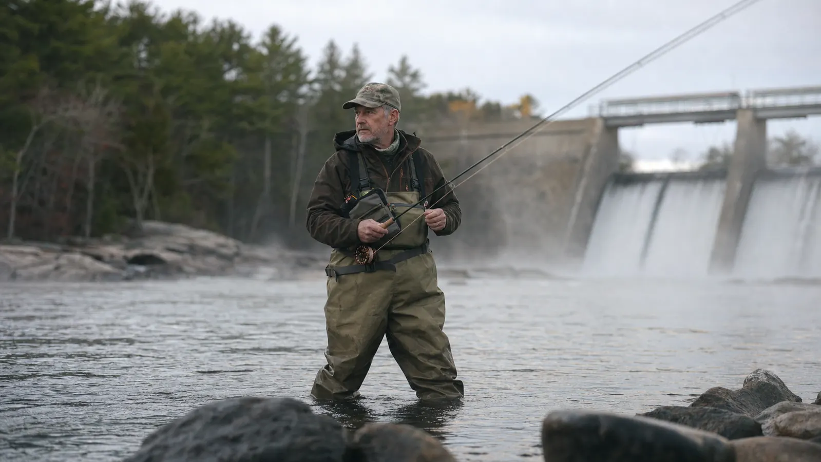 Angler in chest waders standing knee-deep in a rocky New England river at dawn, fly rod in hand