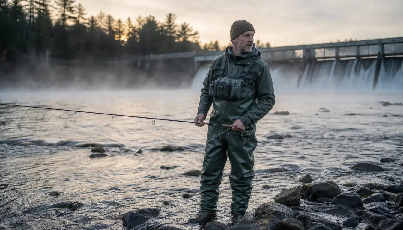 Angler in breathable chest waders standing knee-deep in a rocky New England river at sunrise