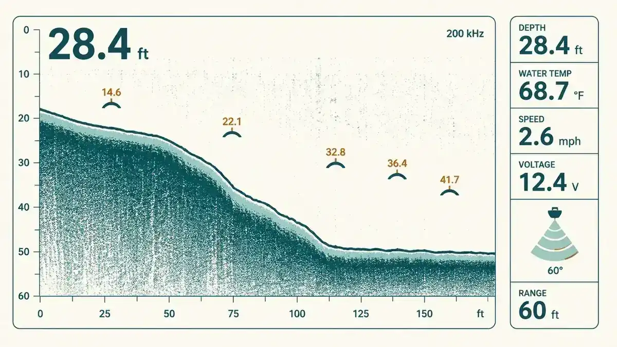 Sonar screen showing a contour line and fish arches over what looks like a submerged drop-off