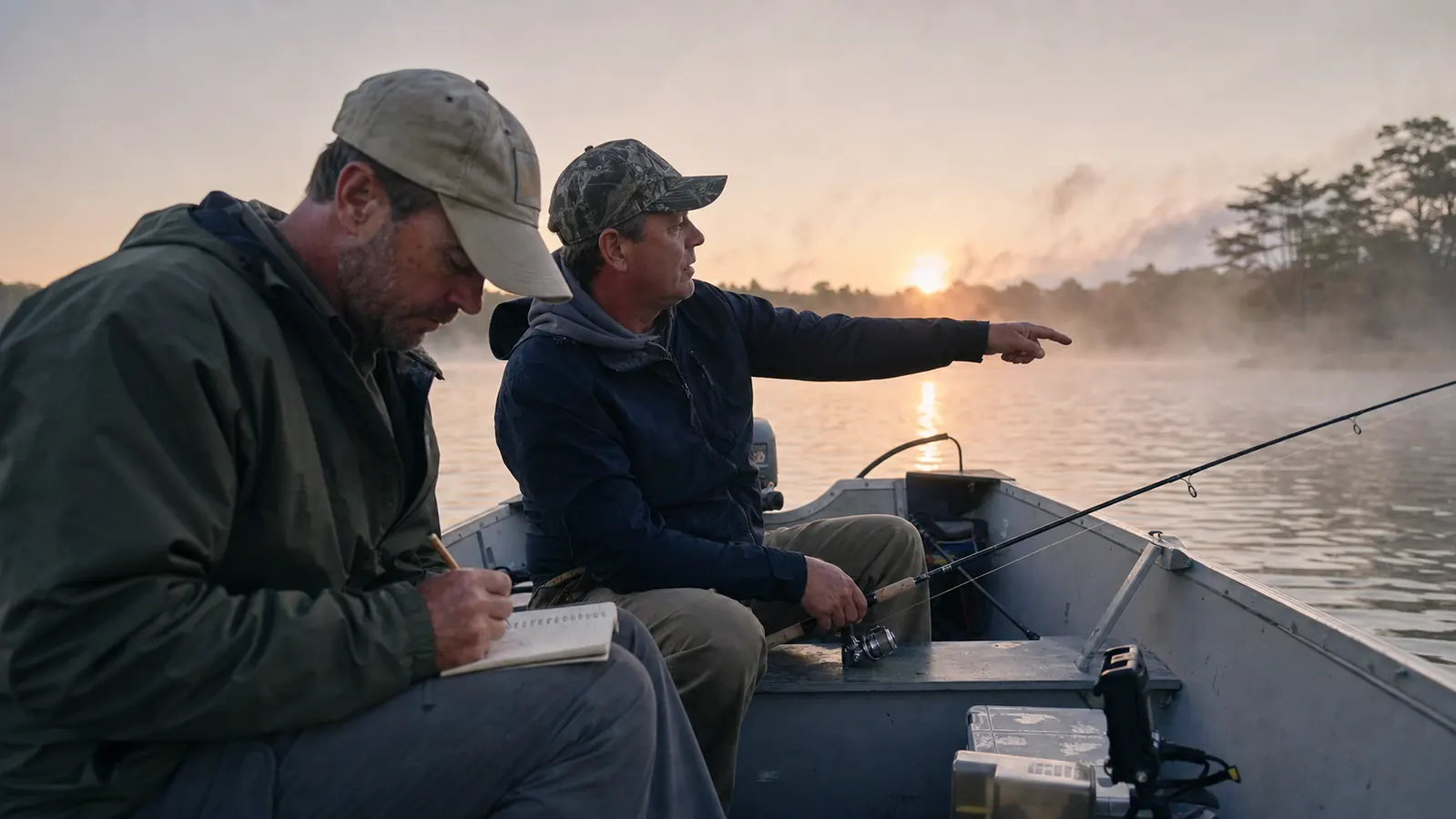 Two men in a small boat on Lake Winnipesaukee in early morning light, one pointing at a handheld notebook