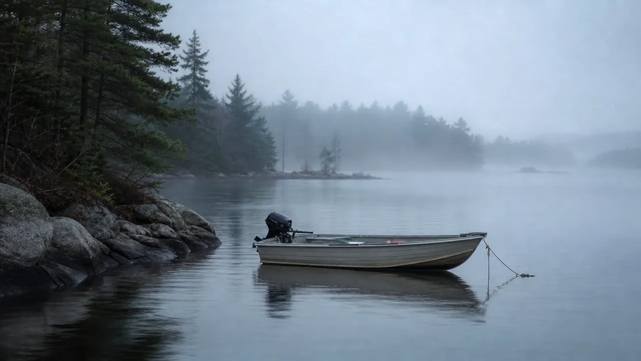Fog lifting off a New Hampshire lake at dawn with a small aluminum boat anchored near the shoreline