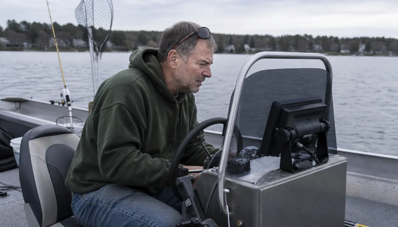 Weekend angler squinting at a small fish finder screen at the console of an aluminum boat in bright morning sun