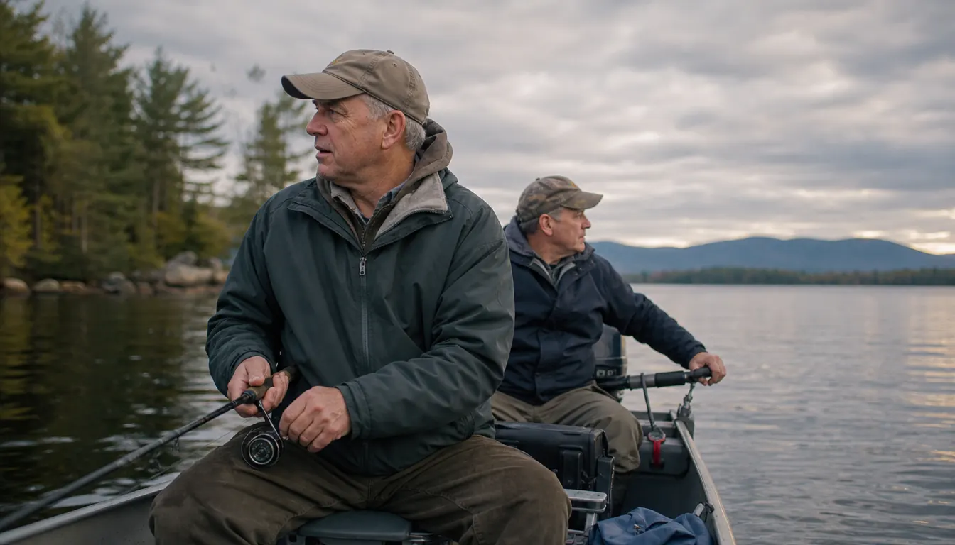 Weekend angler and his brother-in-law fishing from a small boat on a calm lake in early morning light