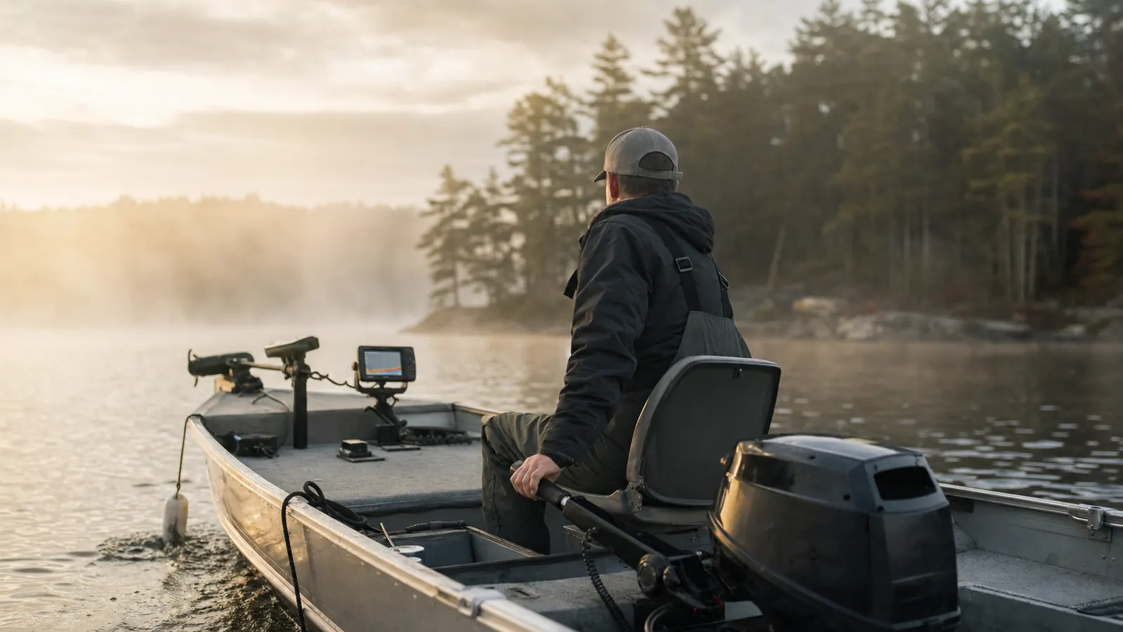 Small aluminum fishing boat idling near a rocky point on a New Hampshire lake at dawn, fish finder mounted at the console