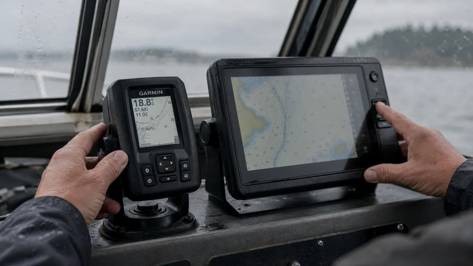 Close-up comparison of a compact Garmin Striker 4 display mounted on a small aluminum boat console next to a larger touchscreen fish finder
