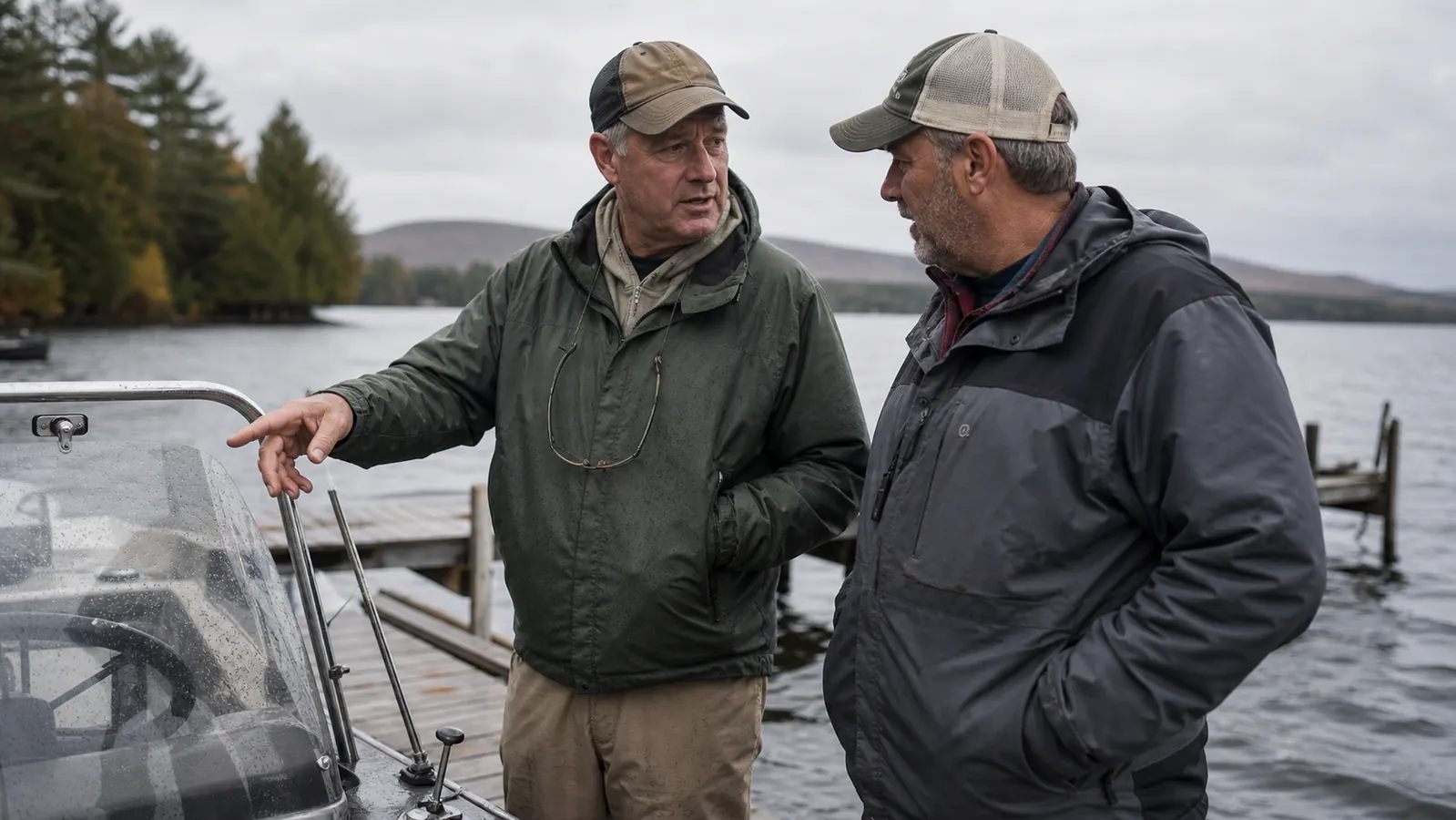 Two anglers comparing notes on a dock at sunrise before heading out in separate small boats