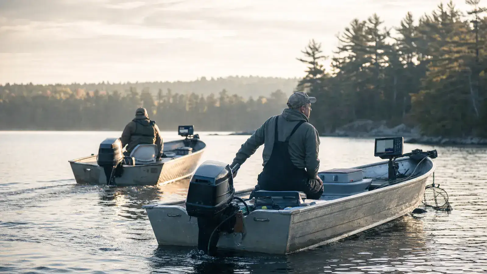 Two small fishing boats side by side on a New Hampshire lake at dawn, each with a different fish finder mounted at the console