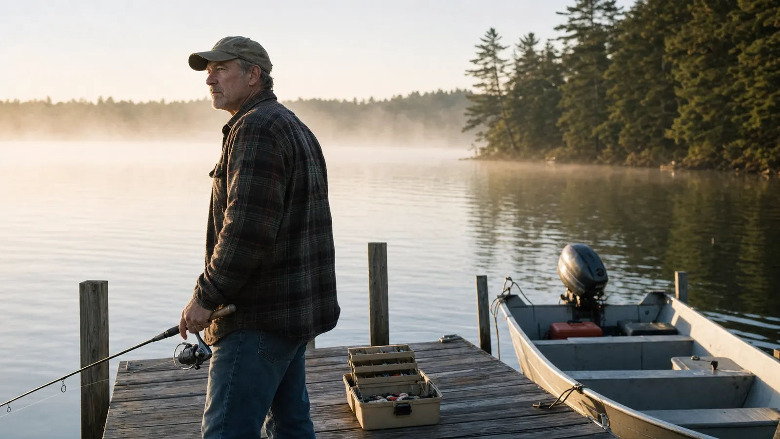 An angler standing in shallow water at first light, rod in hand, tackle bag open on the bank behind him