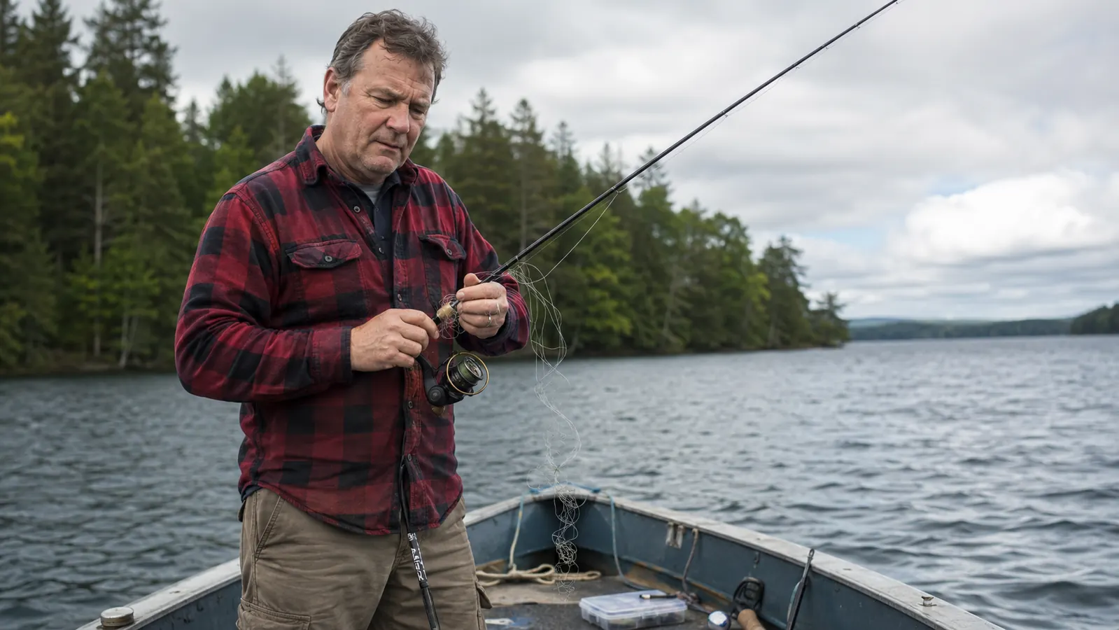 Angler holding a spinning reel with visibly twisted, coiled fishing line hanging loose from the spool