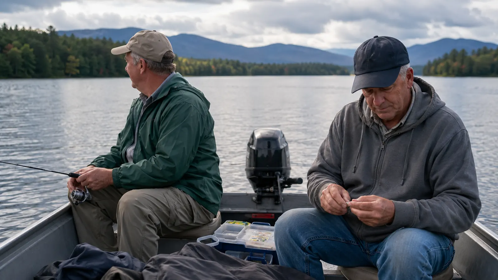 Two anglers in an aluminum boat on Lake Winnipesaukee with stacked tackle boxes at their feet
