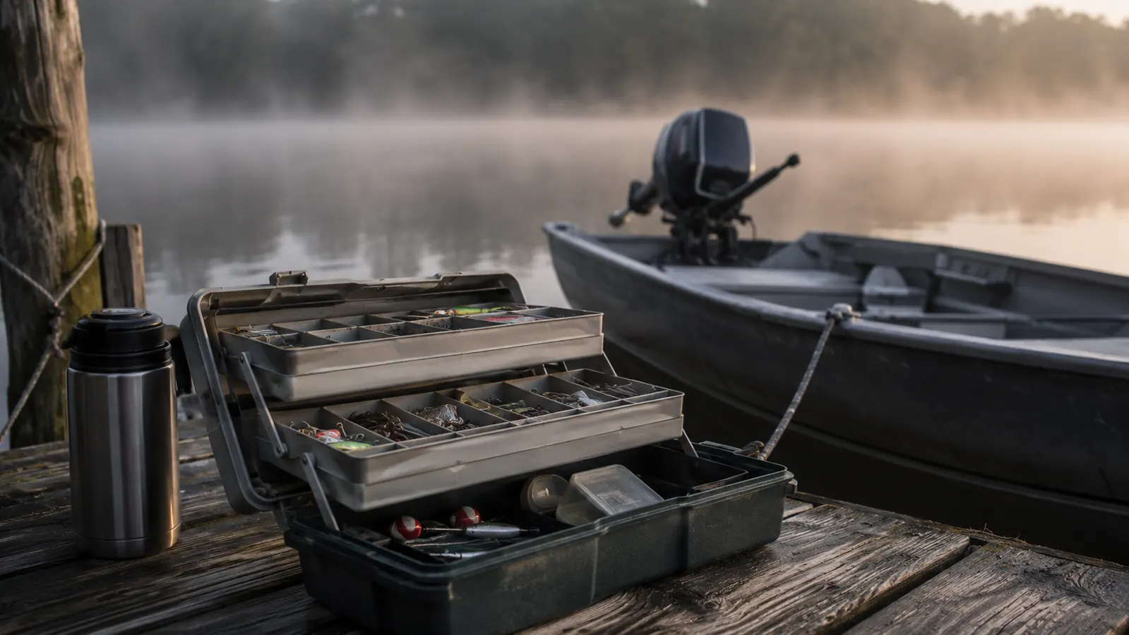 An open tackle box with sorted trays sitting on a dock at sunrise on a New Hampshire lake