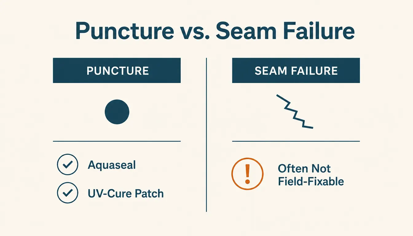 Diagram comparing a puncture repair and a seam failure repair on a wader leg