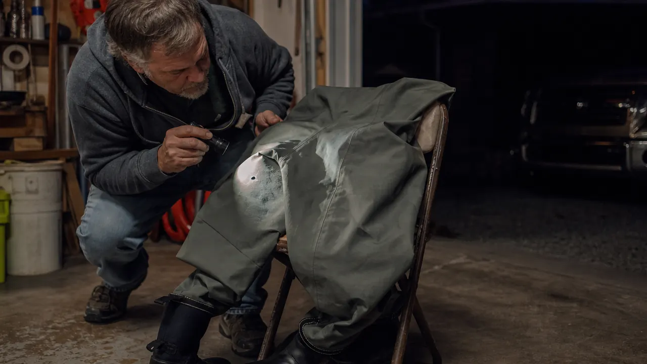 A wader turned inside out and draped over a chair in a dark garage with a flashlight shining through the fabric
