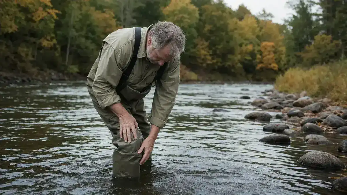 Angler standing knee-deep in a rocky river in chest waders, checking a cold spot on his shin