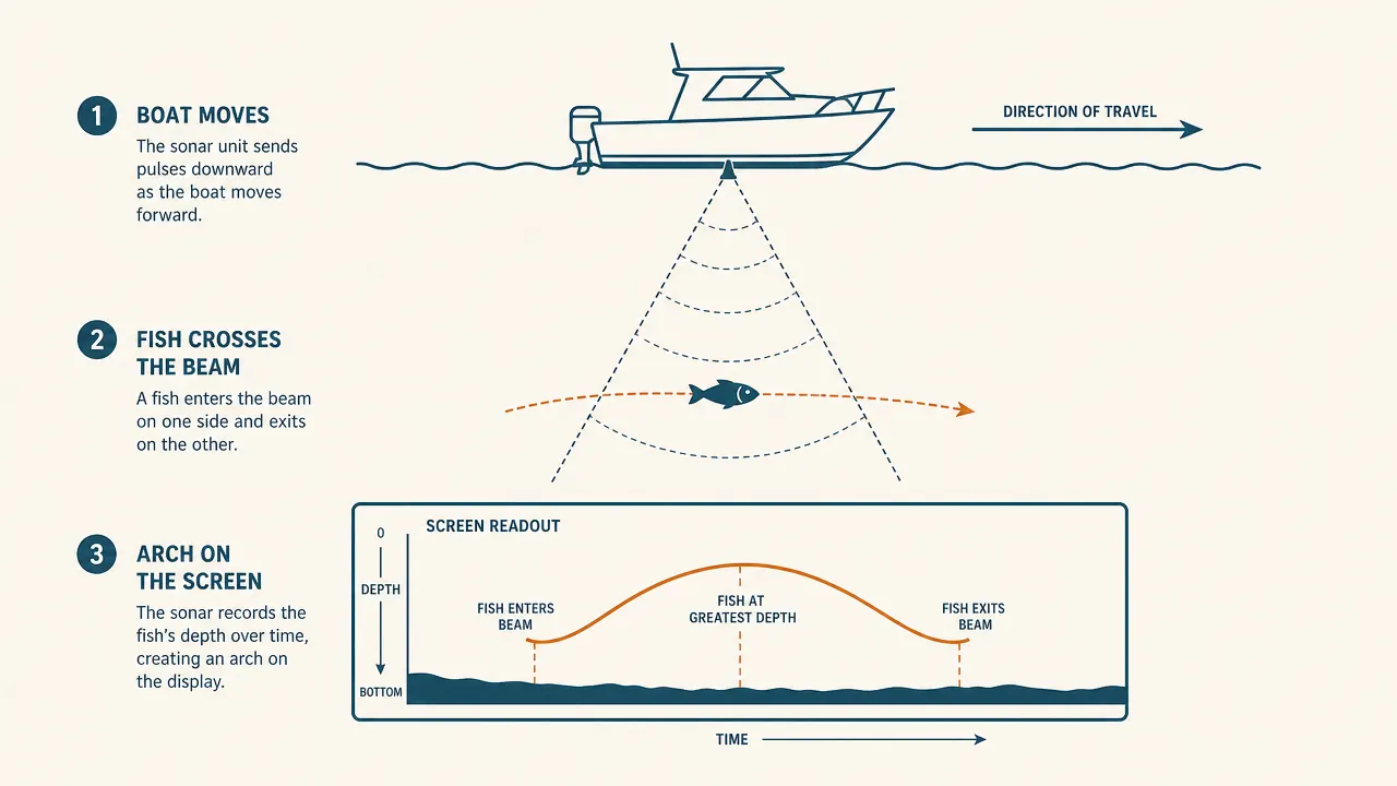 Diagram-style chart illustrating how a fish passing through a sonar cone forms an arch on a fish finder screen