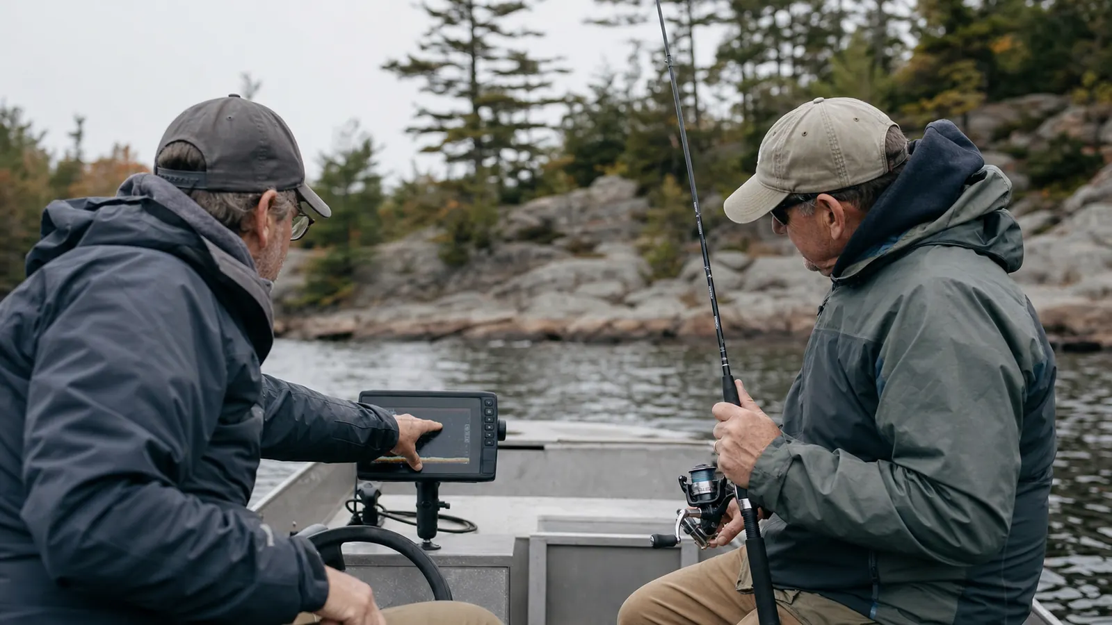 Two anglers in a small boat comparing a fish finder screen while fishing a rocky point