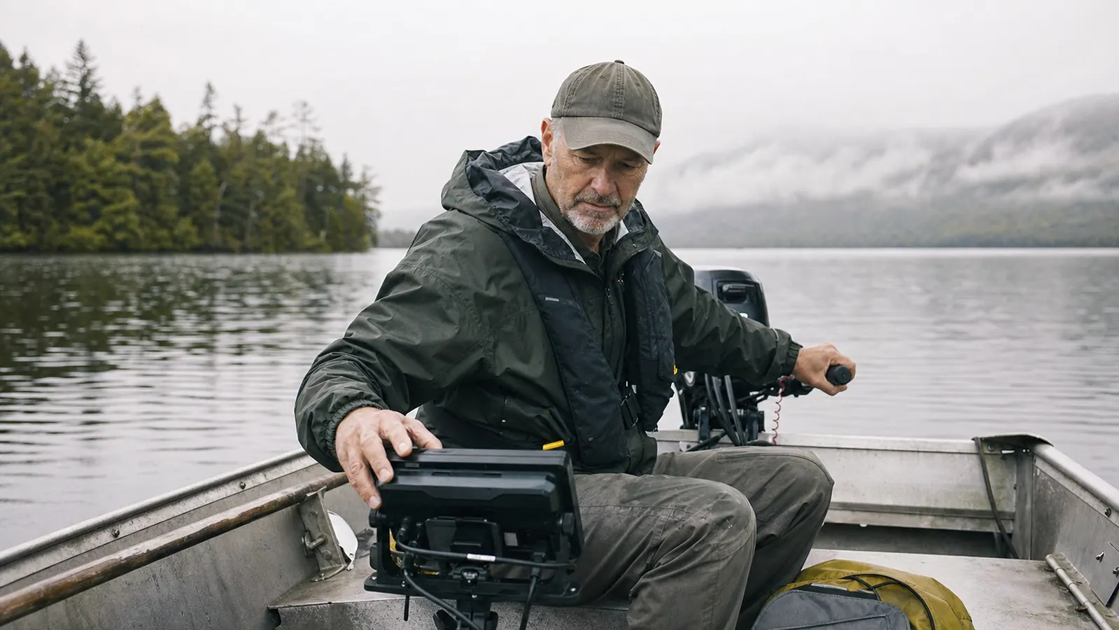 Angler in an aluminum boat on a lake at sunrise looking down at a fish finder screen mounted near the tiller