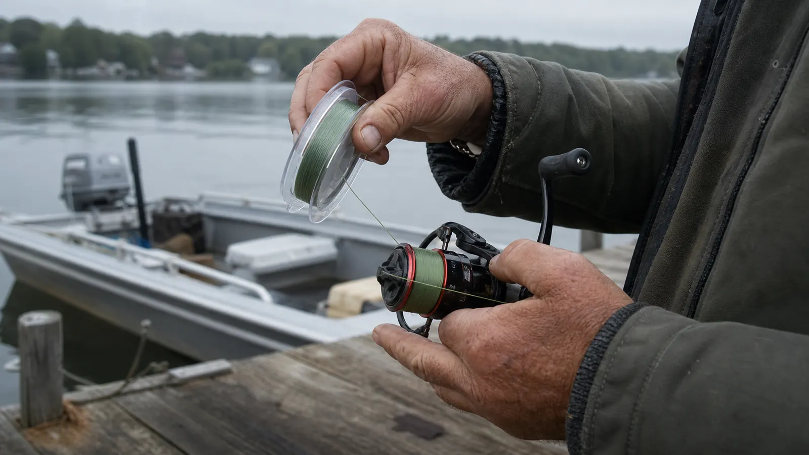 Spinning reel spool being filled with braided fishing line on a dock at dawn