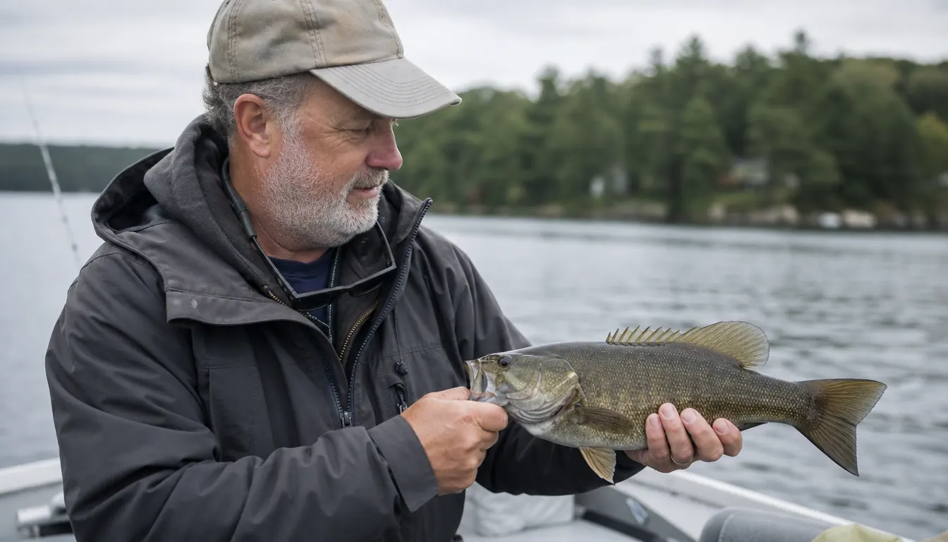 A man in his fifties smiling and holding a modest smallmouth bass just above the water before releasing it
