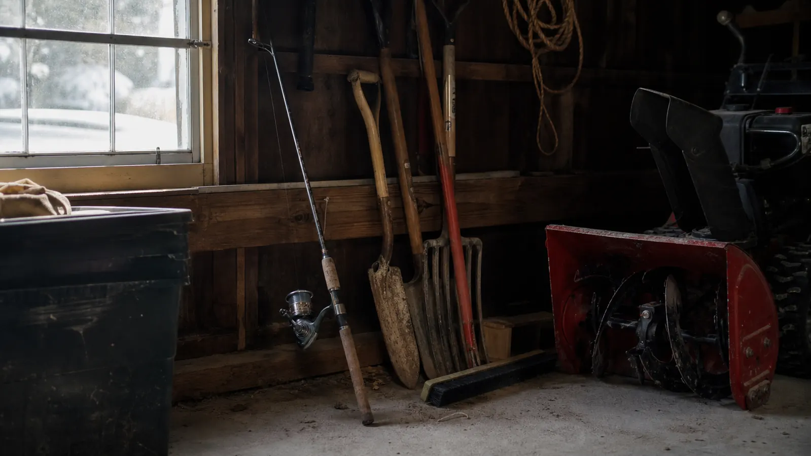 A dusty tackle box and an old spinning rod leaning in the corner of a garage, spring light coming through a window