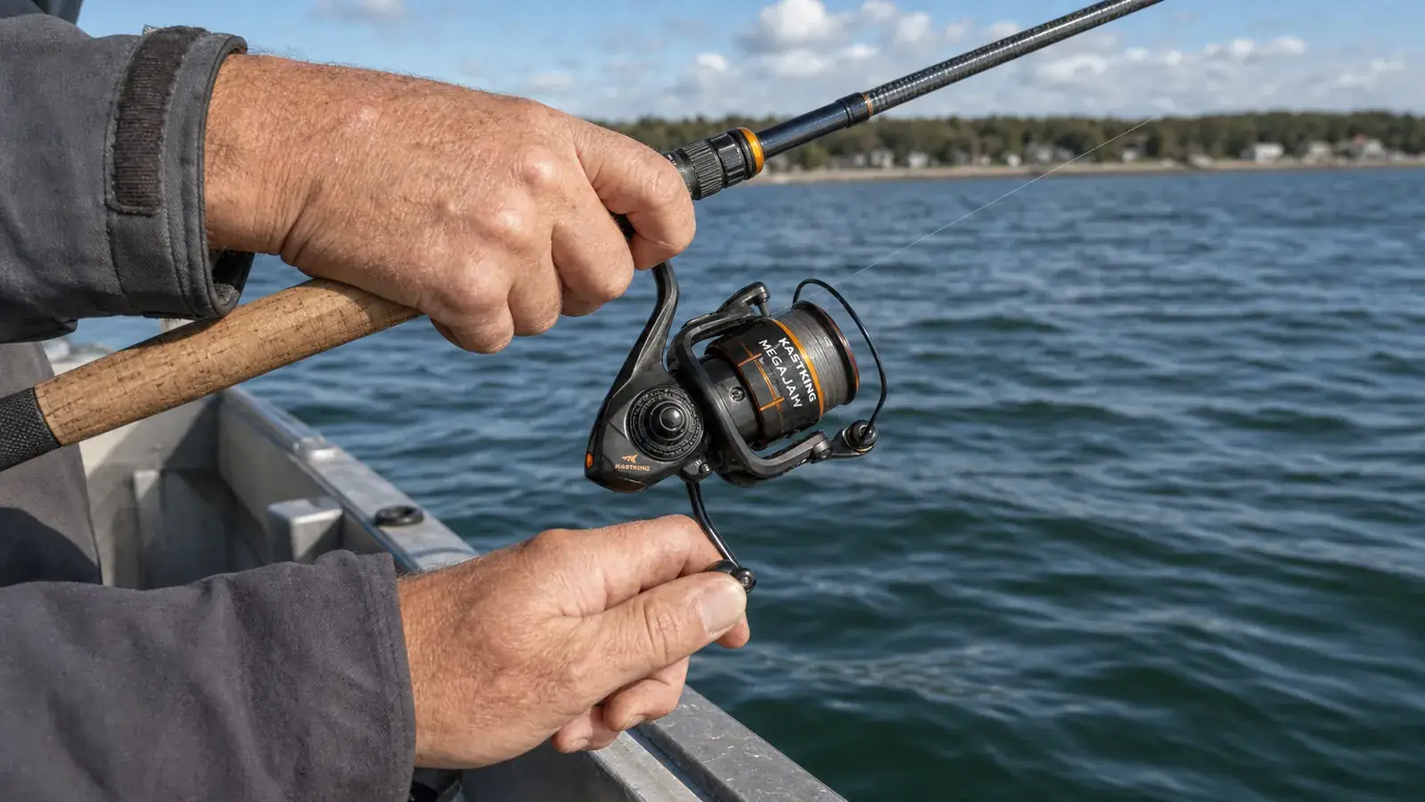 Close-up of a hand palming a KastKing Centron spinning reel while casting off the side of a boat