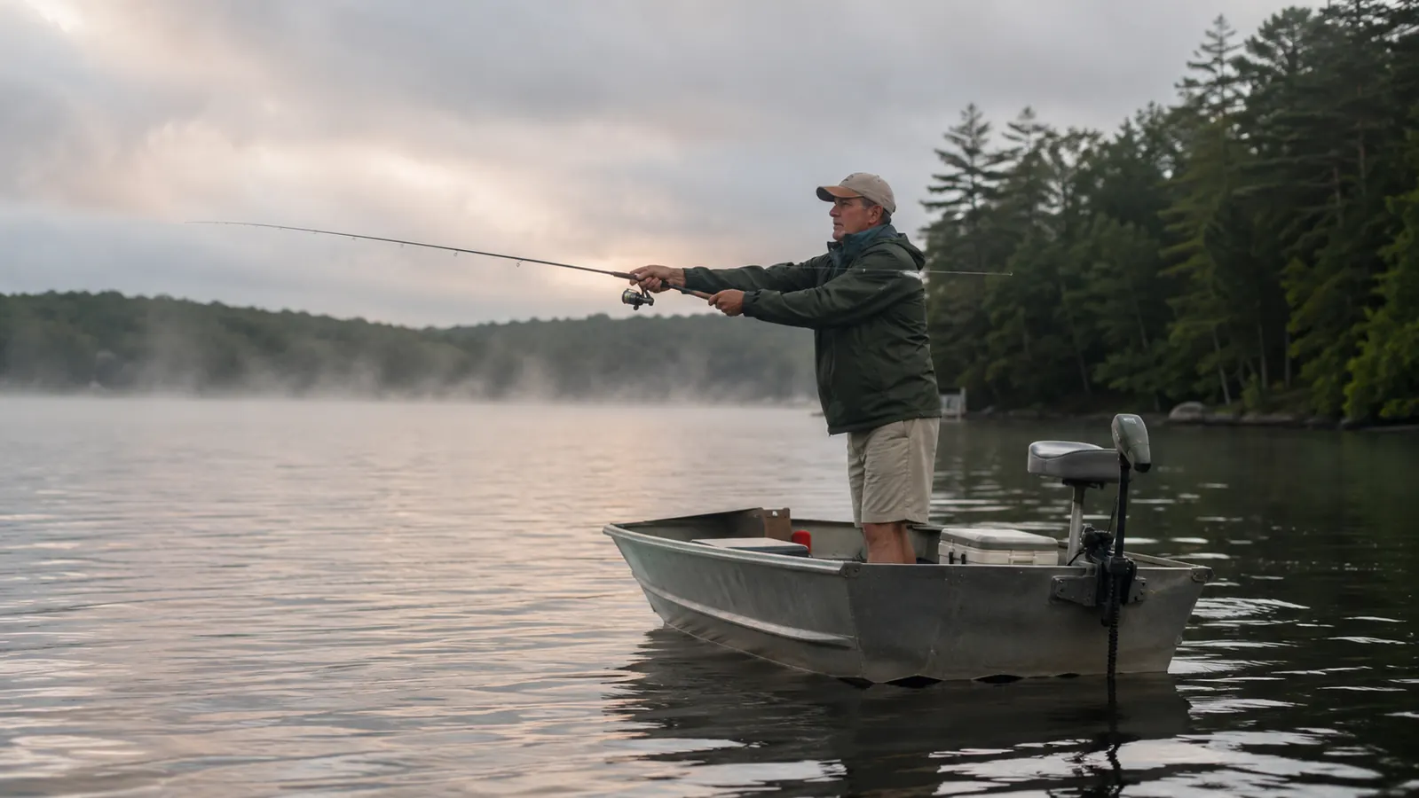 Angler in a tan jacket casting a spinning reel from an aluminum boat on a calm New Hampshire lake at sunrise