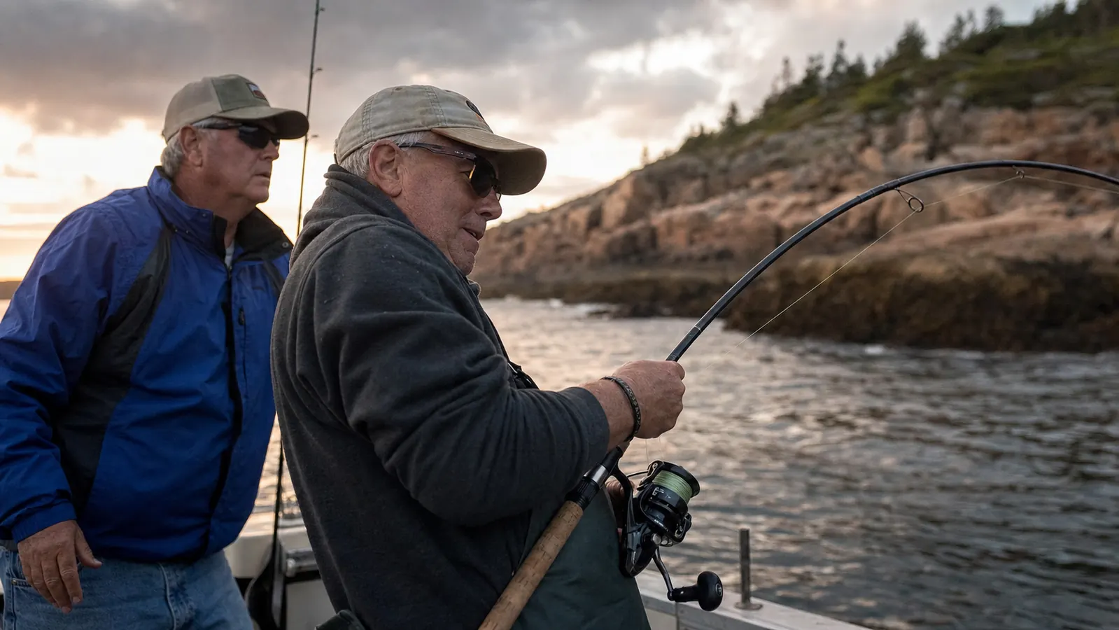 Angler and his brother-in-law fishing from a boat with rods bent, working a school of striped bass near the coast