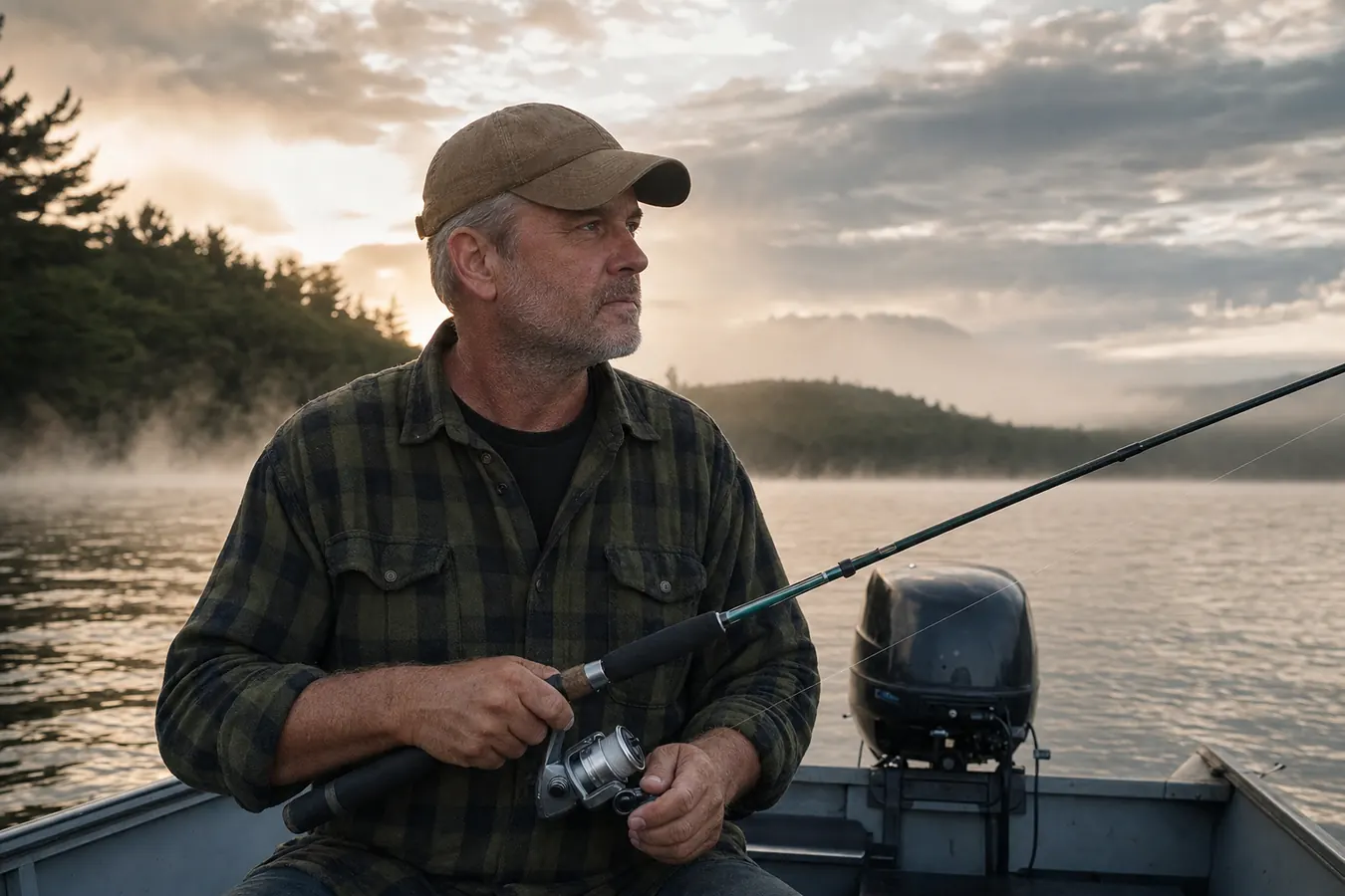 Angler holding a KastKing Centron spinning reel on the deck of an aluminum boat at sunrise on a New Hampshire lake