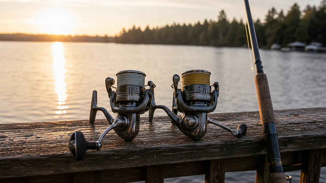 Two spinning reels set side by side on a wooden dock railing with Lake Winnipesaukee in the background at sunrise