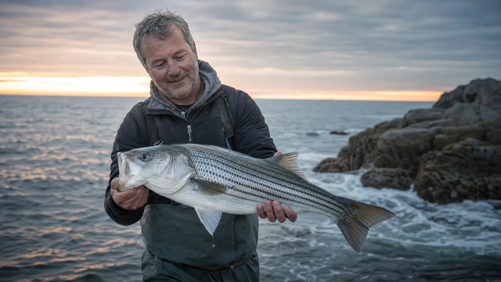 A man in his fifties holding a striped bass over the water at sunrise before release, rocky coastline behind him