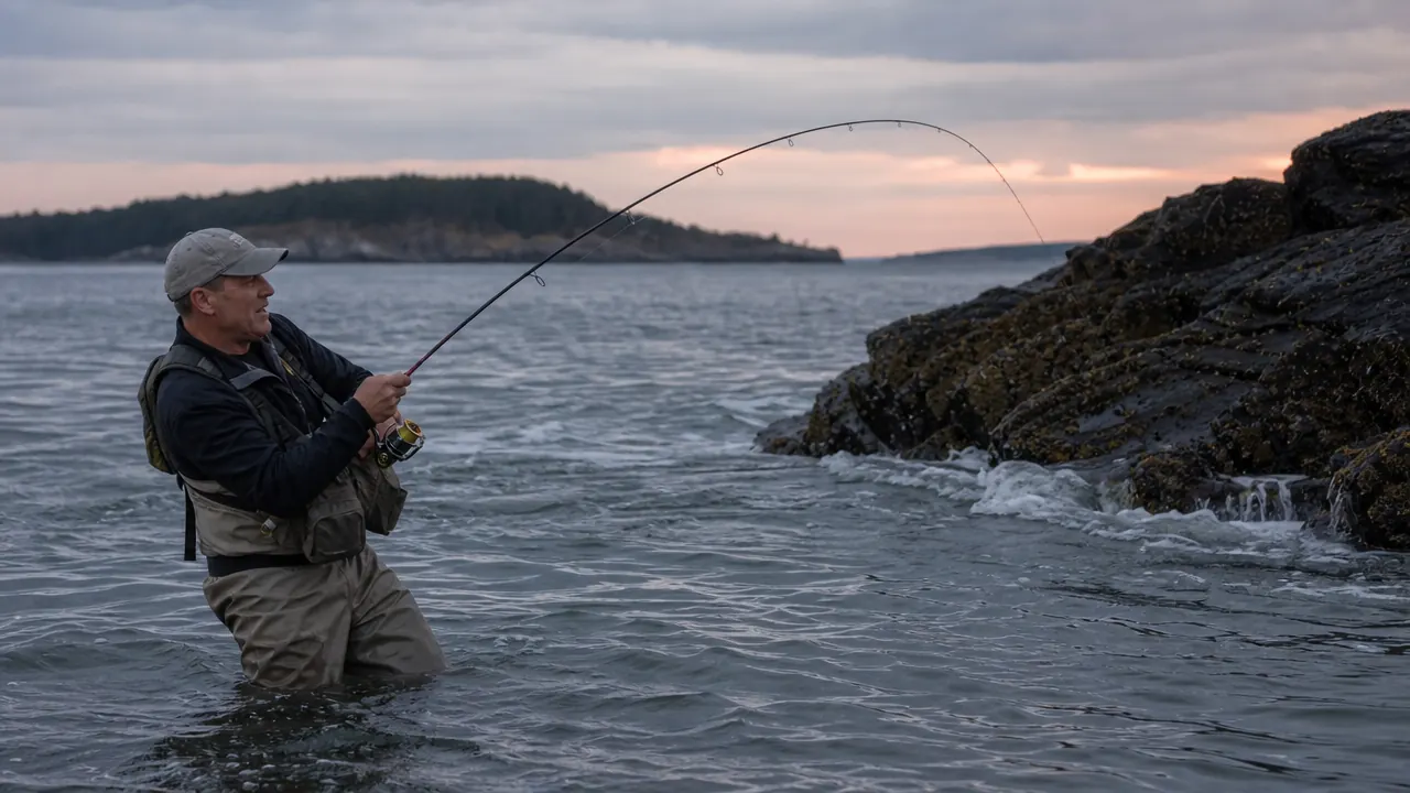An angler standing thigh deep in tidal water at dawn, rod bent hard toward rocky ledges along the Maine coast