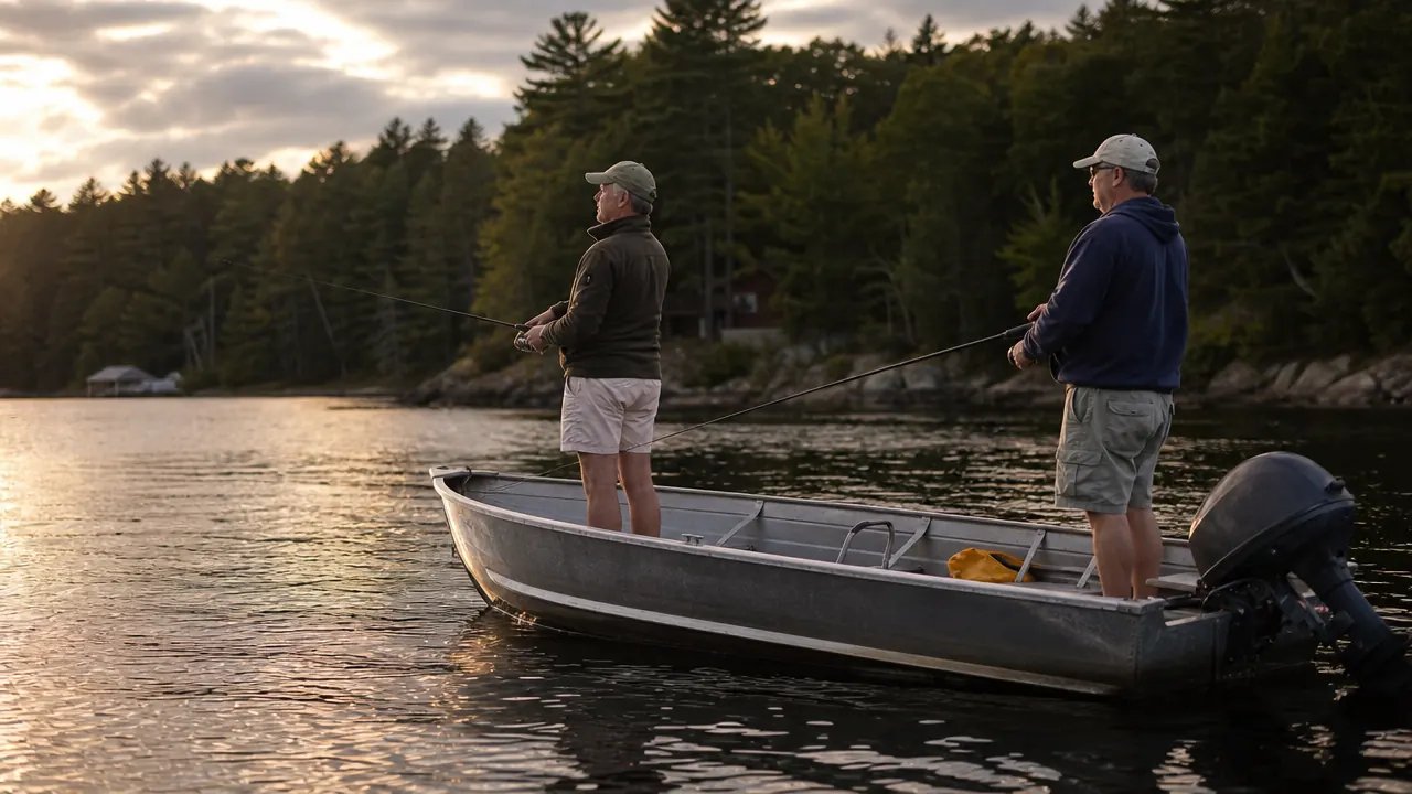 Two anglers fishing from a small aluminum boat on a lake at dusk