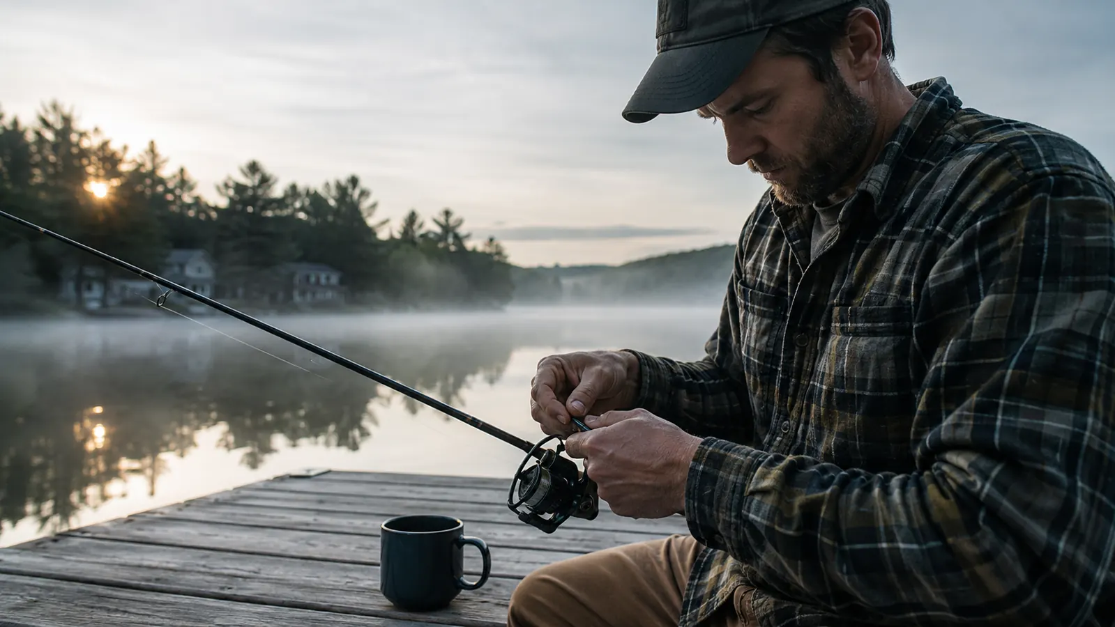 Angler spooling braided fishing line onto a spinning reel at sunrise on a New Hampshire lake dock