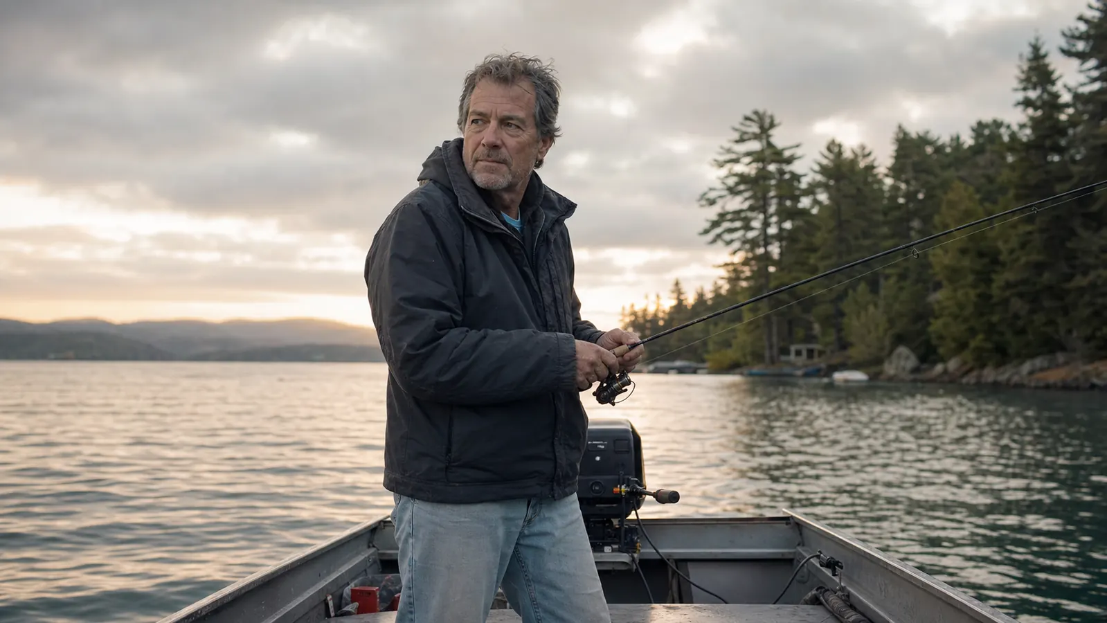 Angler at the bow of an aluminum boat on a lake at sunrise, spinning reel loaded with green braided line