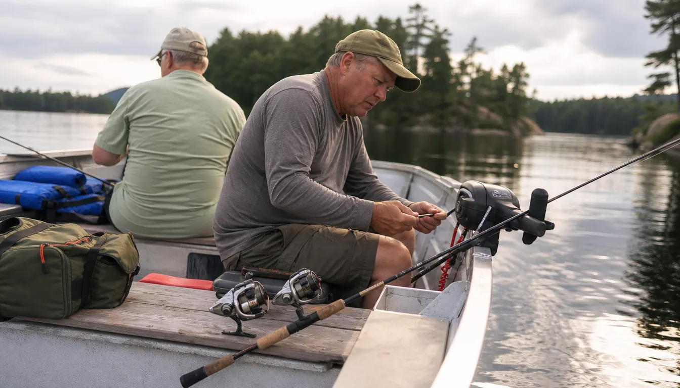 Two spinning reels side by side on a boat seat, one spooled with moss green braid and one with a brighter braid, morning light on the lake