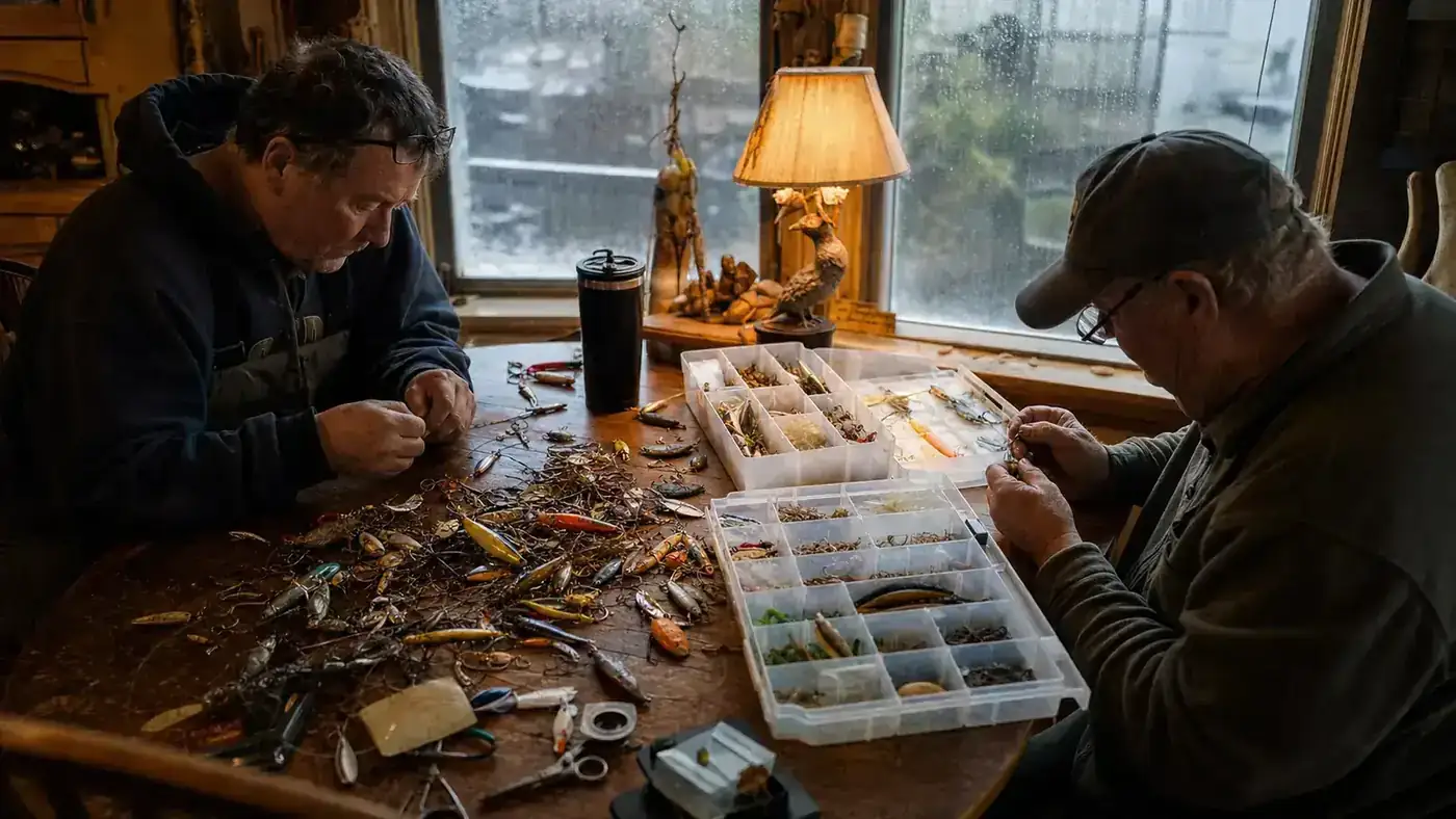 A rainy kitchen window with a cluttered pile of loose fishing tackle spread across a table beside two open tackle trays
